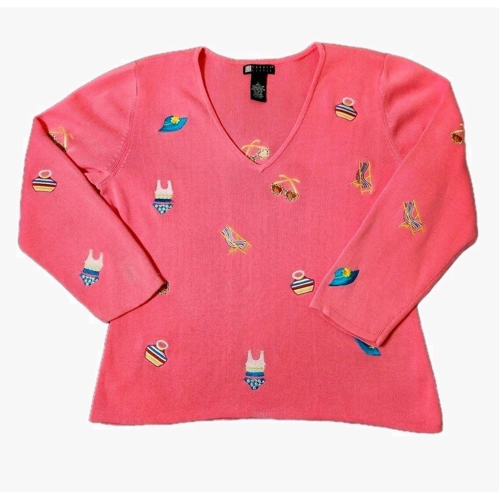 Carol Little Pink Beach Embroidered Cotton V-Neck Sweater Coastal Resort L